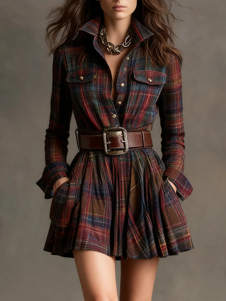 The Plaid Button Belted Mini Dress