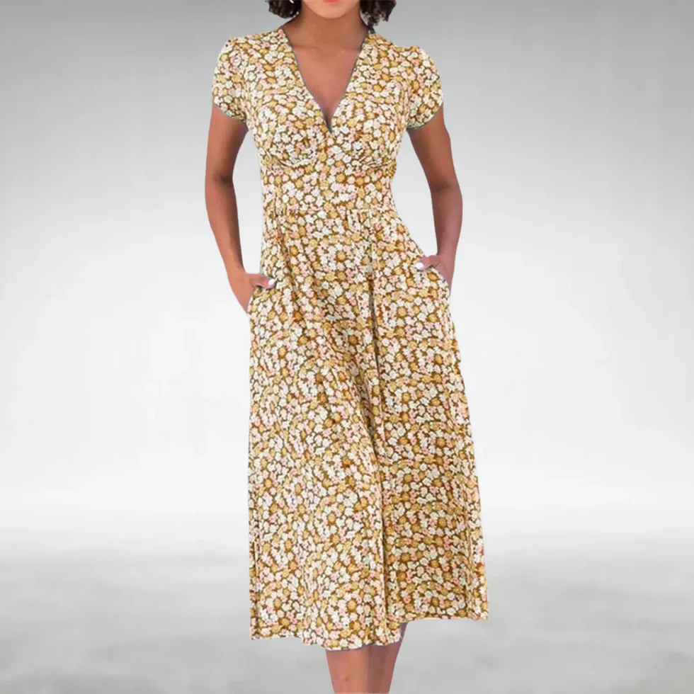 The V-Neck Floral Midi Pocket Dress