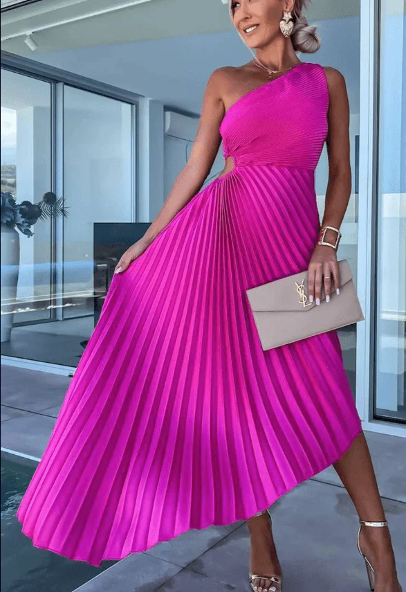 The Pleated One Shoulder Midi Dress