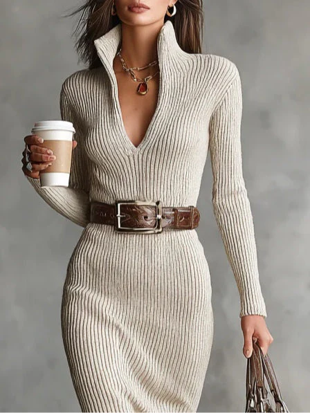 The Ribbed V Neck Slim Midi Dress