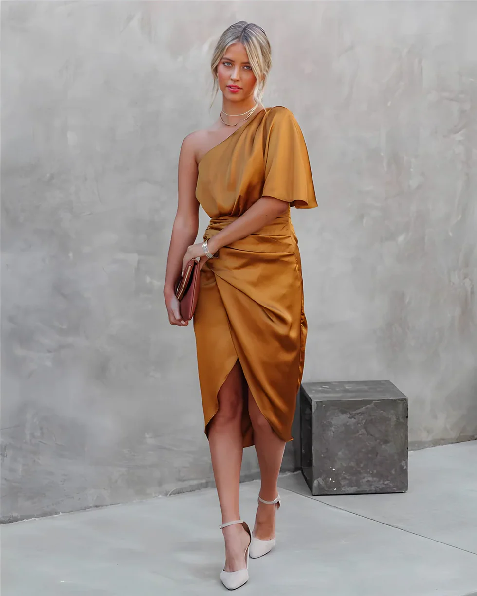 The Satin One Shoulder Midi Dress