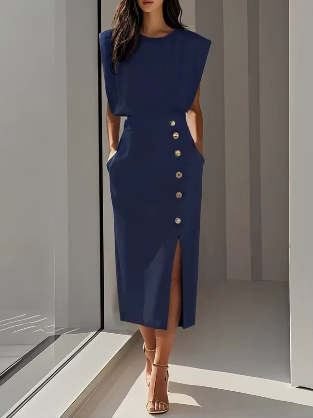 The Sleeveless Button High Waist Midi Dress