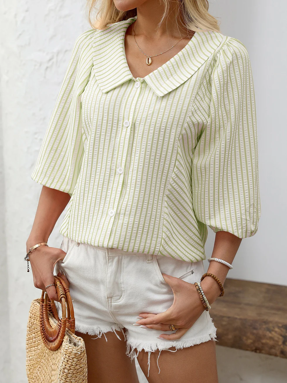 The Striped Button Puff Sleeve Blouse