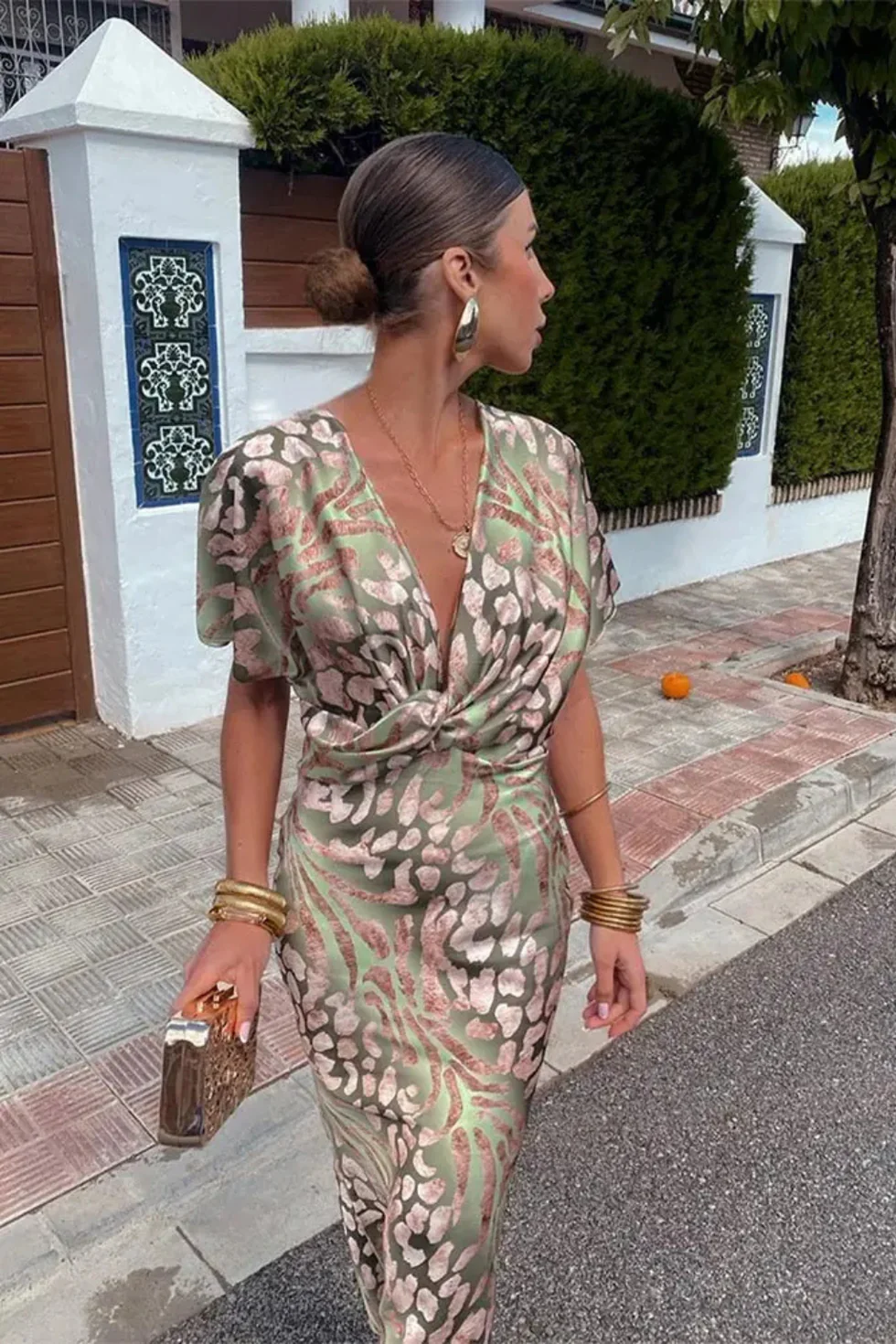 The Printed Twist Front V Neck Midi Dress
