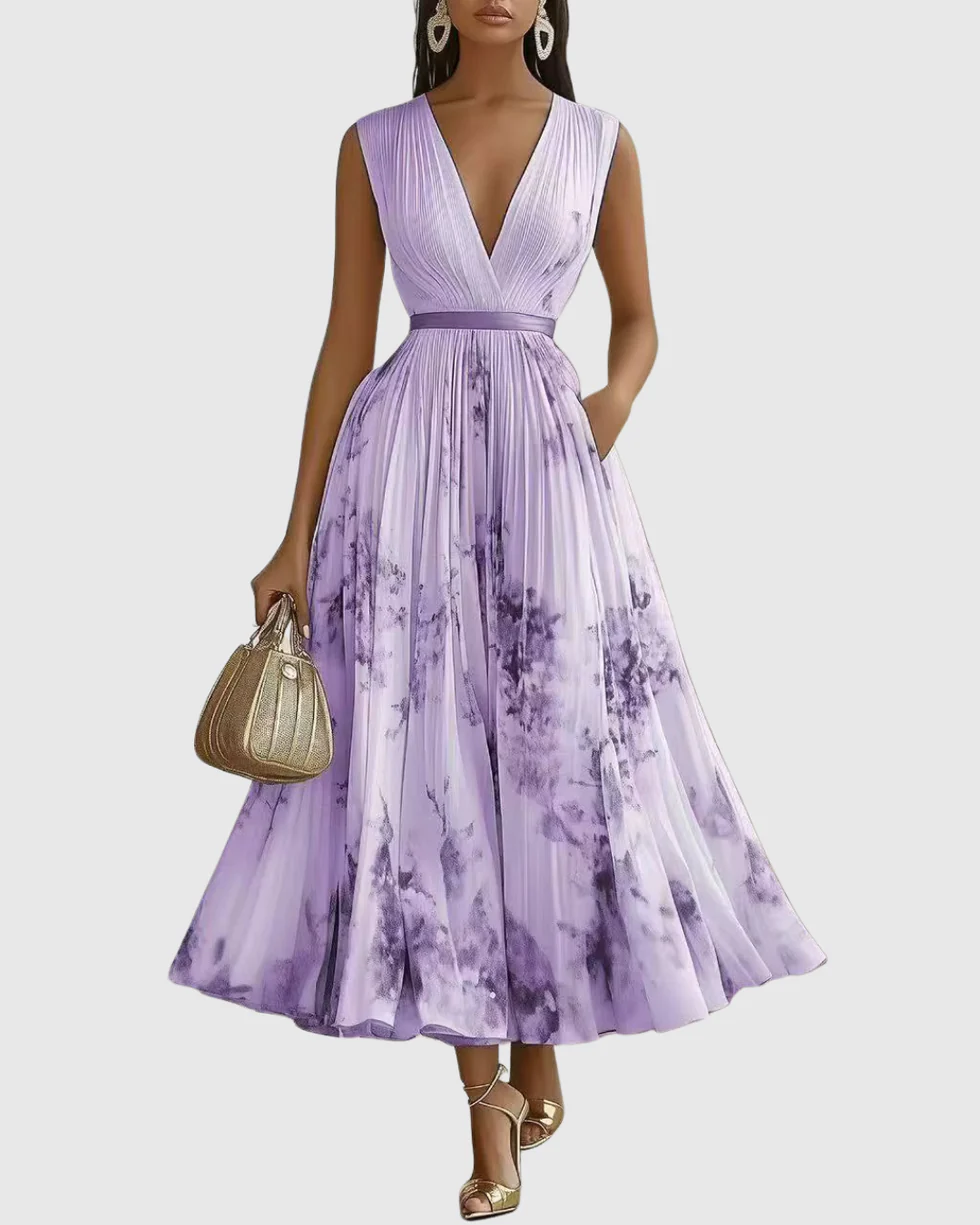 The Floral Pleated V Neck Midi Dress