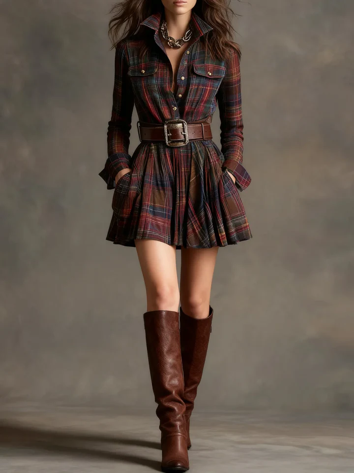 The Plaid Button Belted Mini Dress