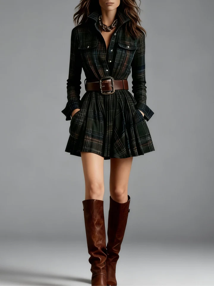 The Plaid Button Belted Mini Dress