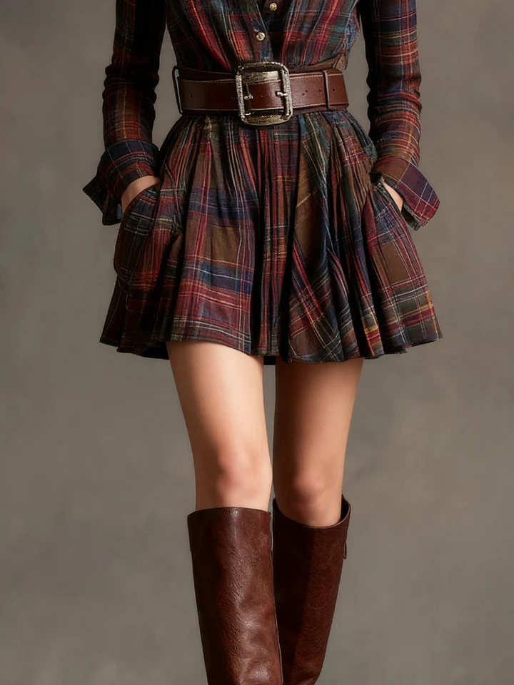 The Plaid Button Belted Mini Dress