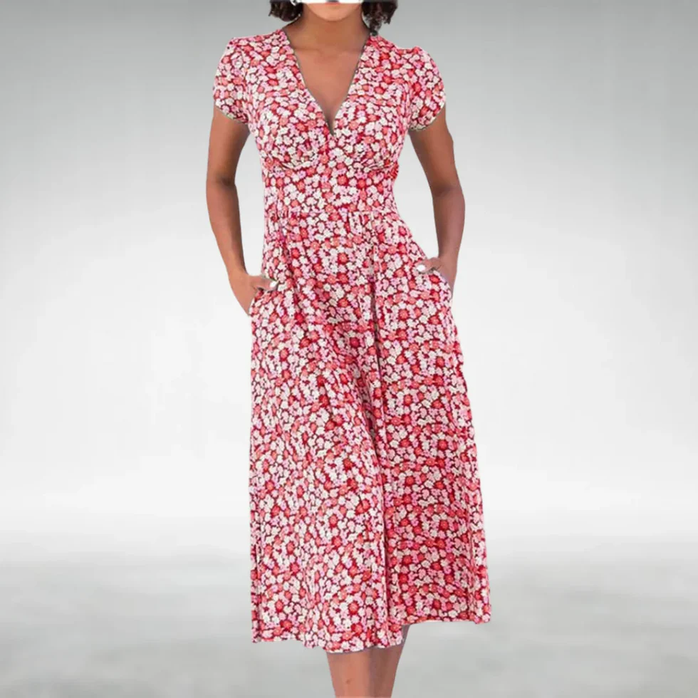 The V-Neck Floral Midi Pocket Dress