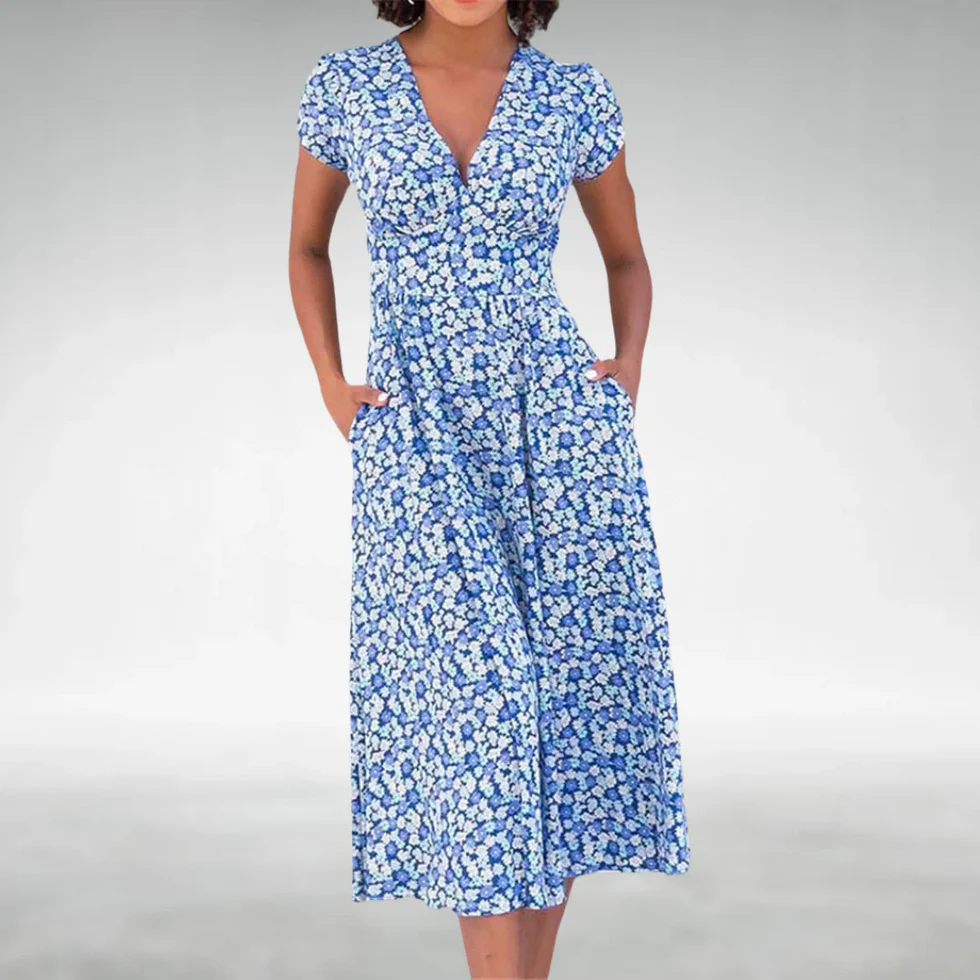 The V-Neck Floral Midi Pocket Dress