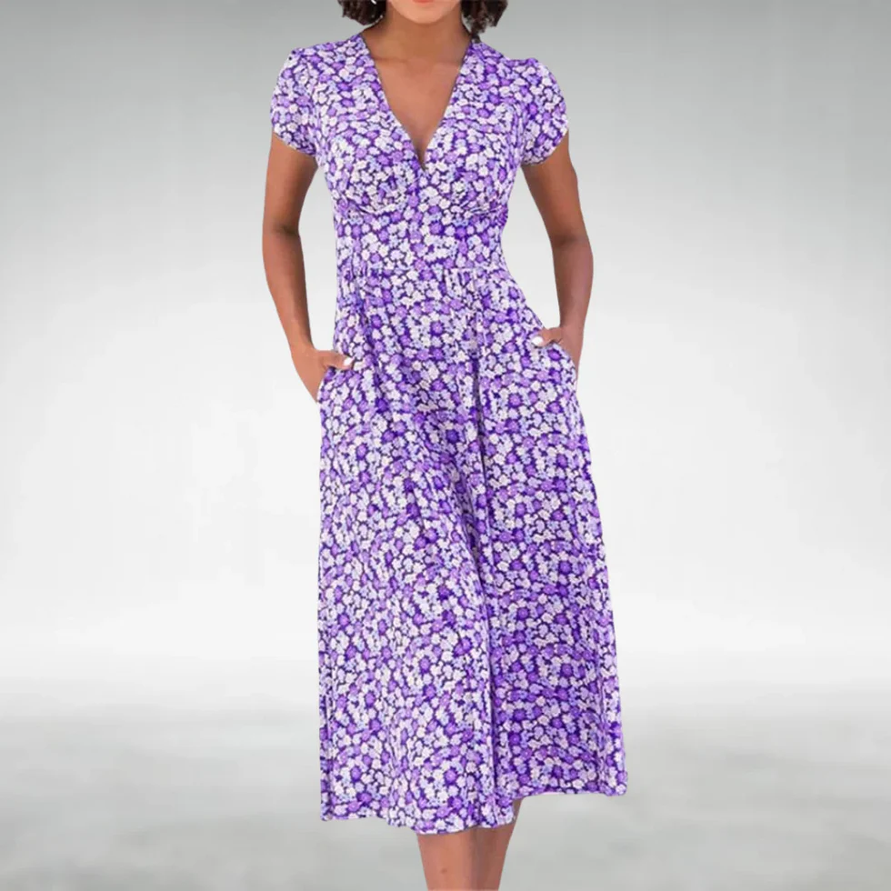 The V-Neck Floral Midi Pocket Dress