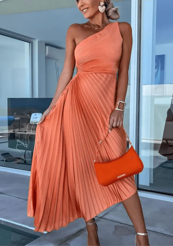 The Pleated One Shoulder Midi Dress