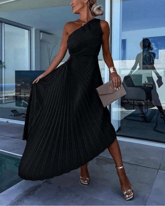 The Pleated One Shoulder Midi Dress