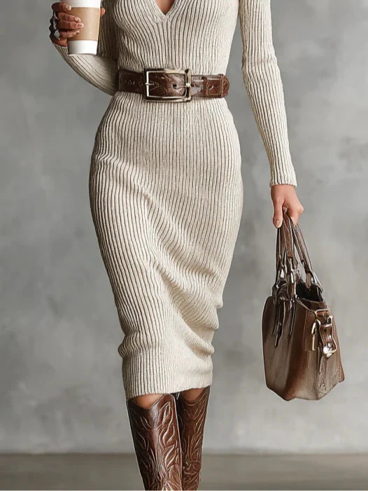 The Ribbed V Neck Slim Midi Dress