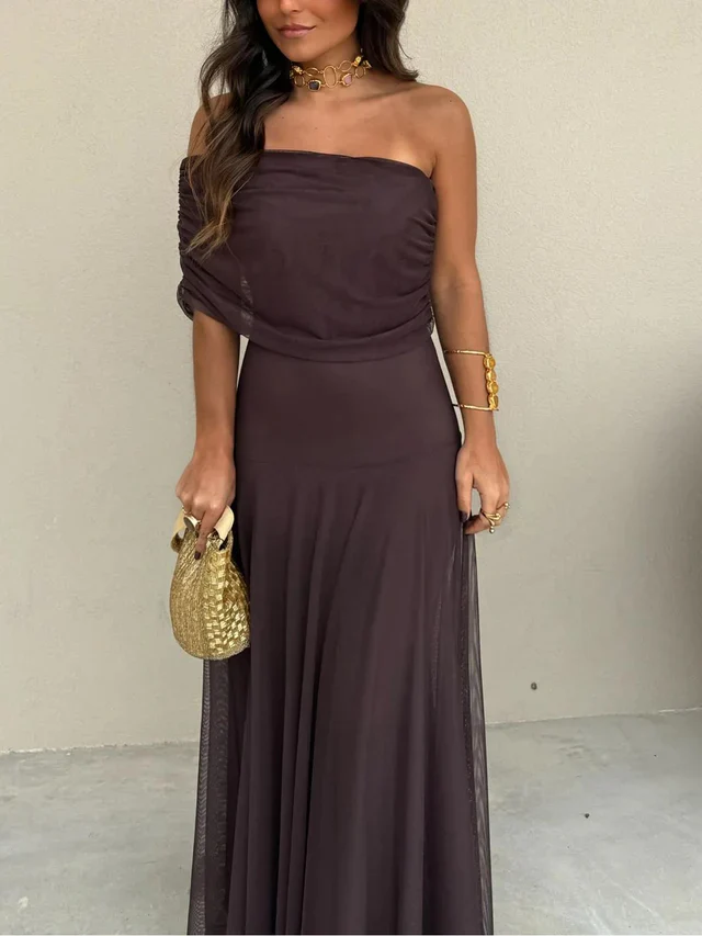 The Off Shoulder Pleated Mesh Maxi Dress