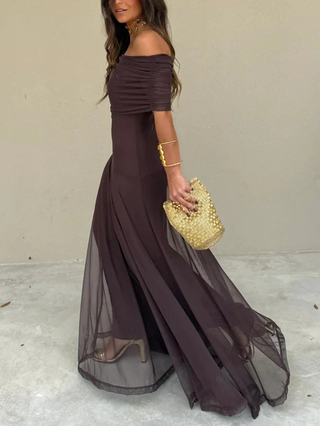 The Off Shoulder Pleated Mesh Maxi Dress