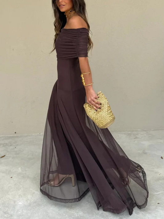 The Off Shoulder Pleated Mesh Maxi Dress
