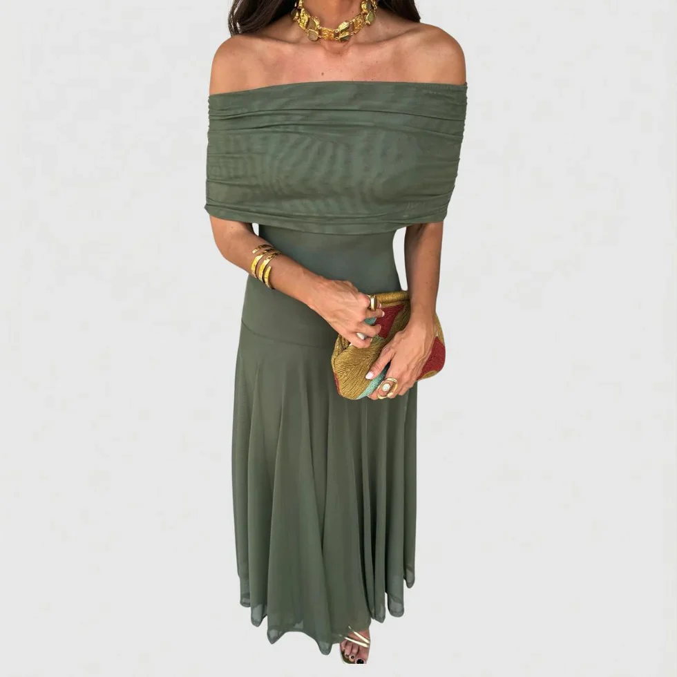 The Off Shoulder Pleated Mesh Maxi Dress