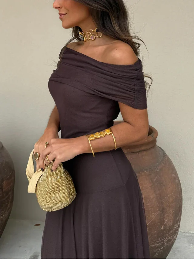 The Off Shoulder Pleated Mesh Maxi Dress