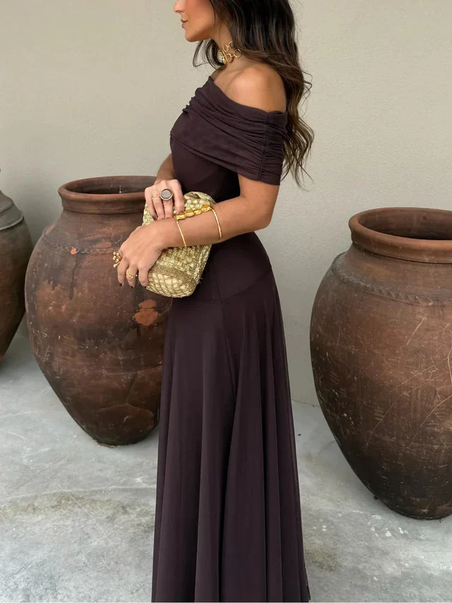 The Off Shoulder Pleated Mesh Maxi Dress