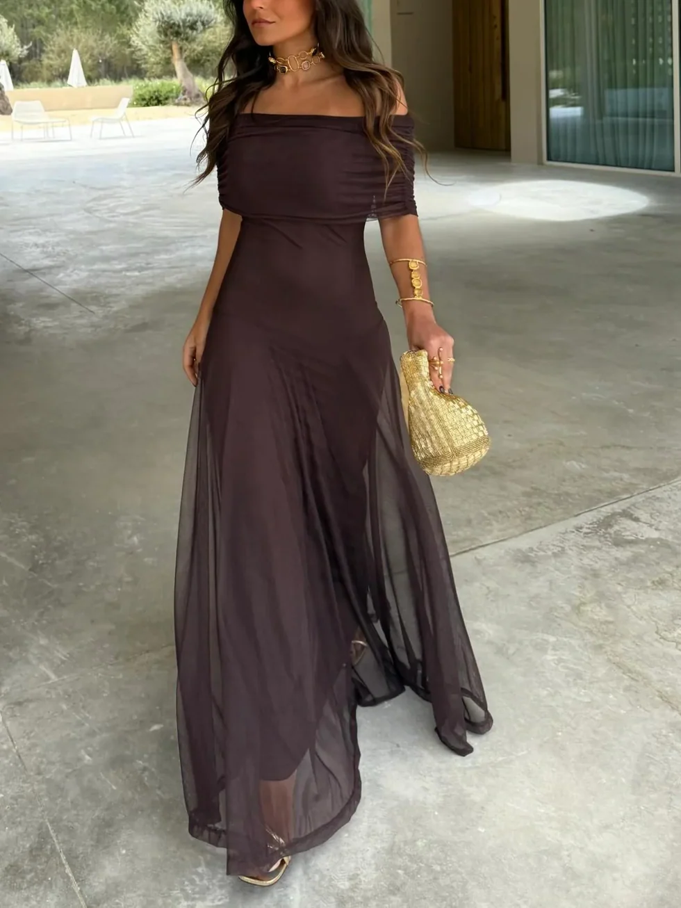 The Off Shoulder Pleated Mesh Maxi Dress