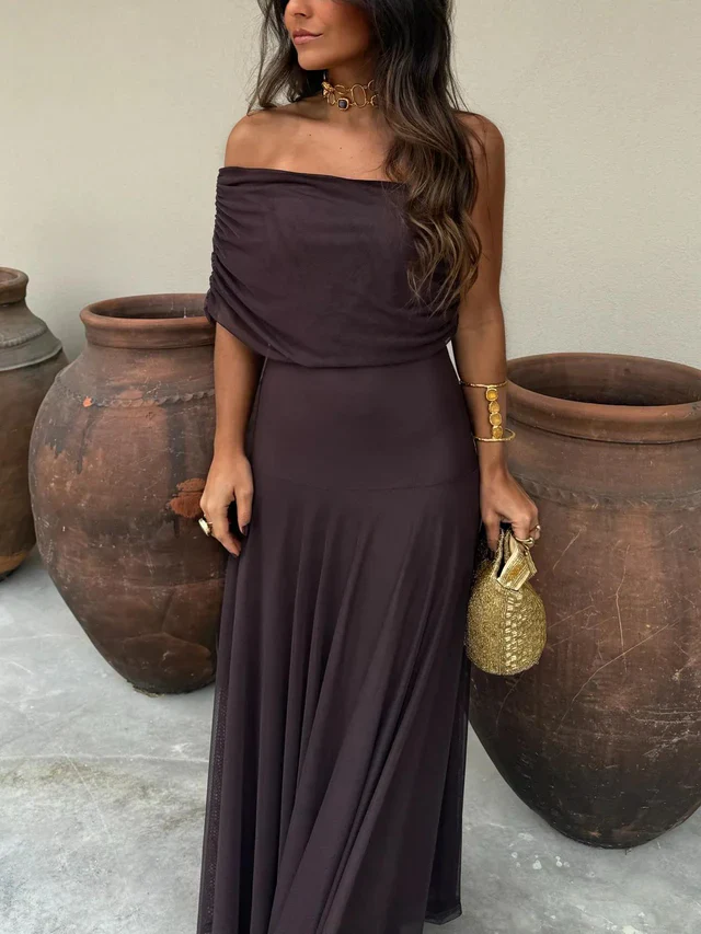 The Off Shoulder Pleated Mesh Maxi Dress