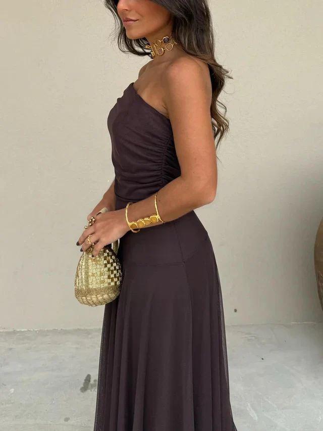 The Off Shoulder Pleated Mesh Maxi Dress