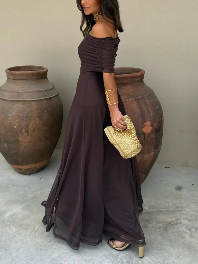 The Off Shoulder Pleated Mesh Maxi Dress