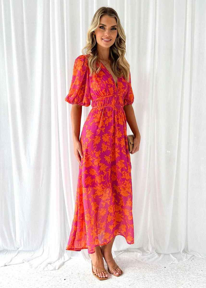 The V-Neck Printed Puff Sleeve Dress