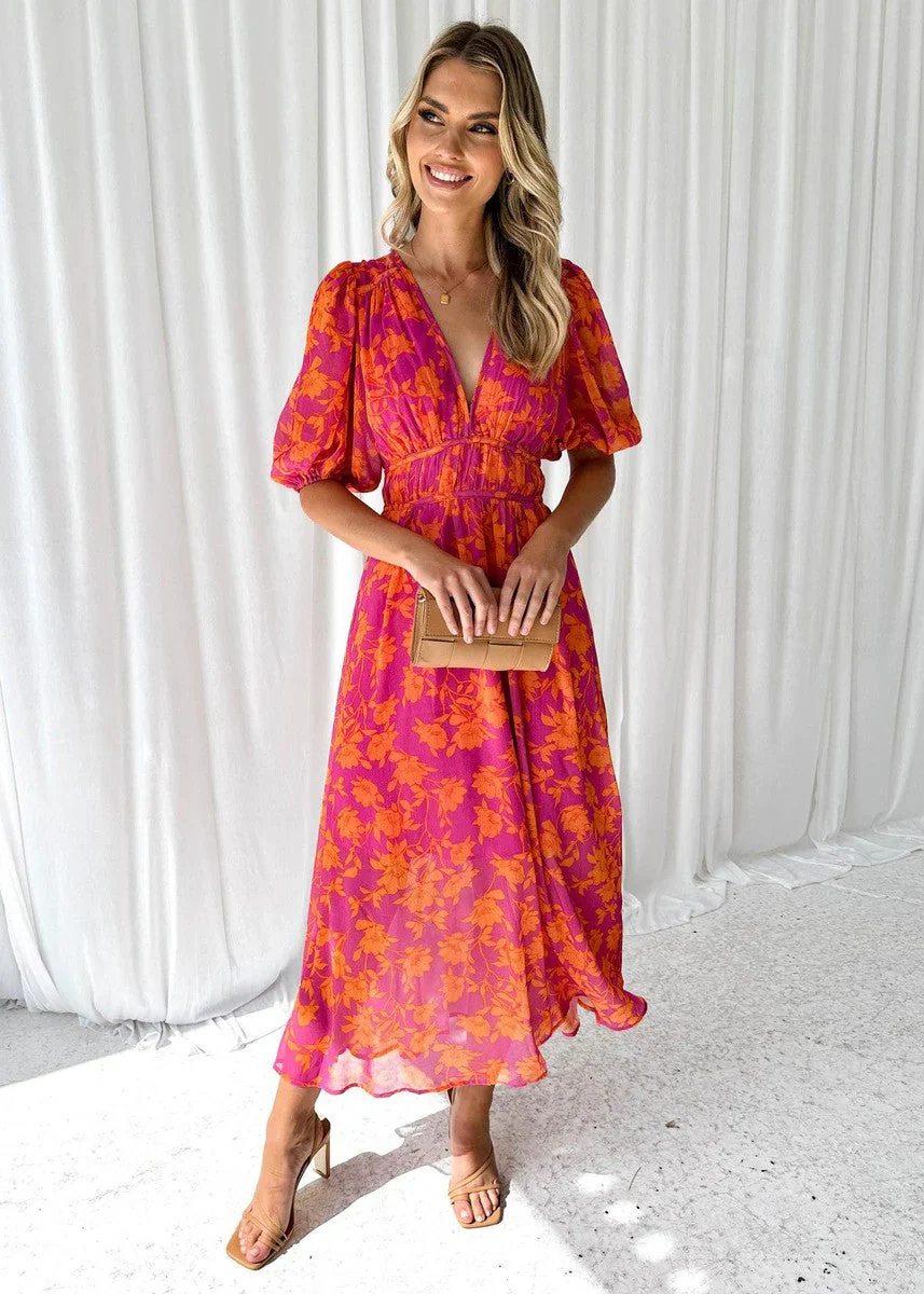 The V-Neck Printed Puff Sleeve Dress