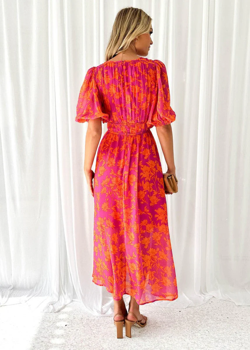 The V-Neck Printed Puff Sleeve Dress