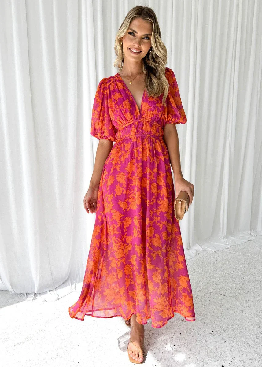 The V-Neck Printed Puff Sleeve Dress