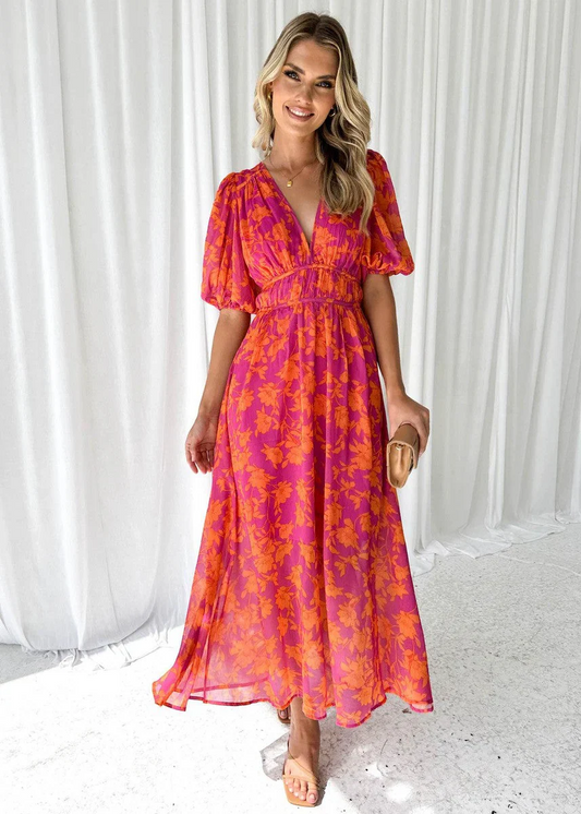 The V-Neck Printed Puff Sleeve Dress