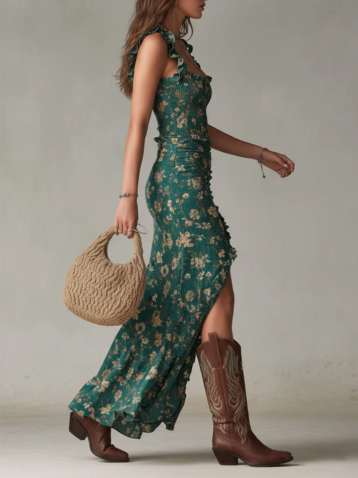 The Printed V-Neck Slit Maxi Dress
