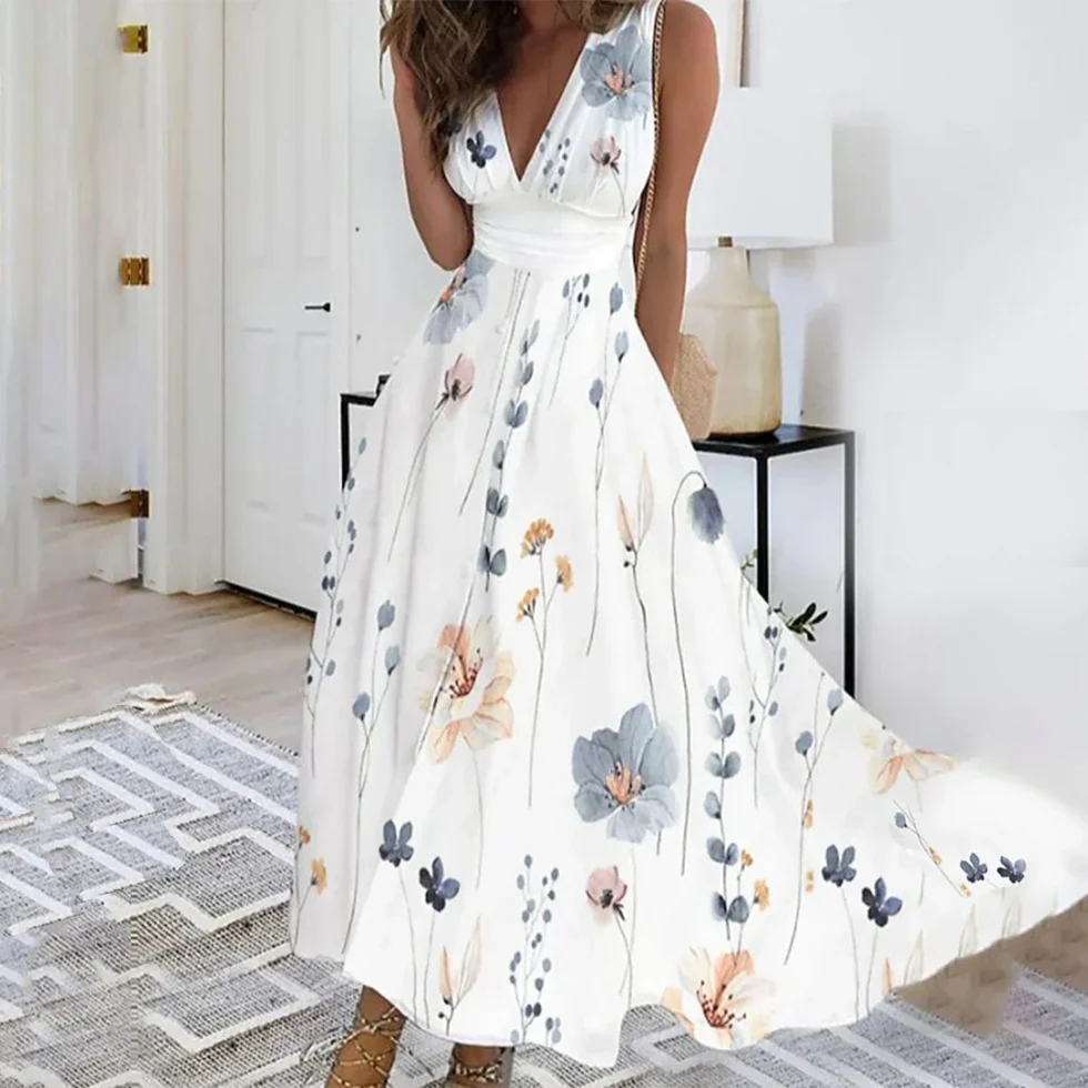 The V-Neck Floral Sleeveless Long Dress