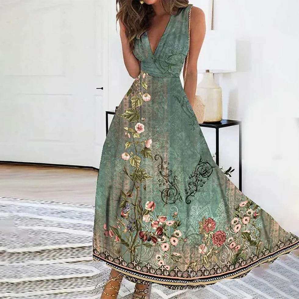 The V-Neck Floral Sleeveless Long Dress