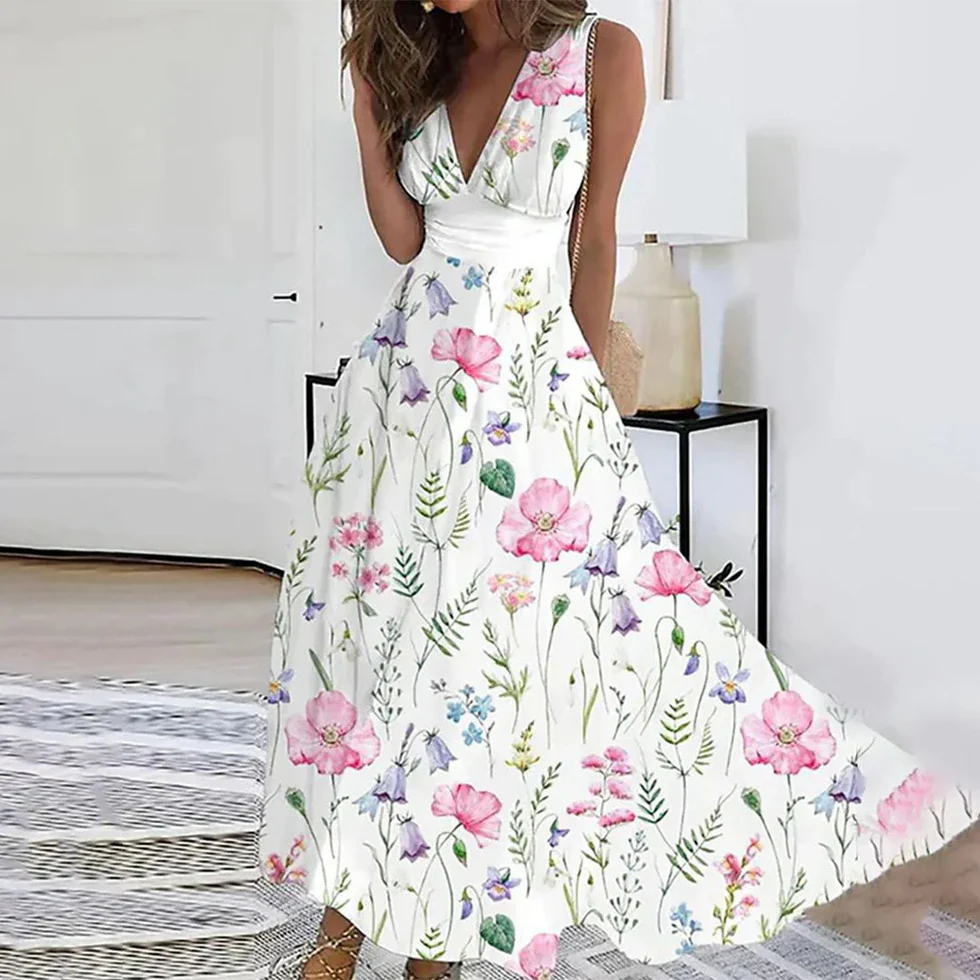 The V-Neck Floral Sleeveless Long Dress