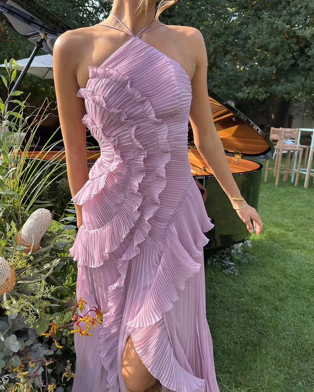 The Pleated Ruffle Strap Maxi Dress