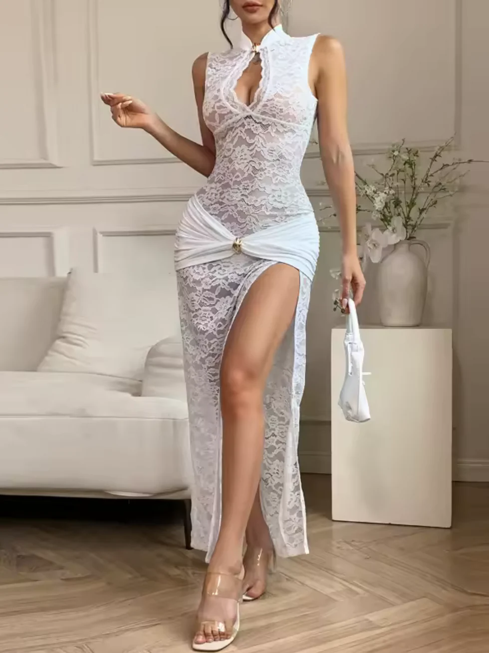 The O Neck Lace High Slit Maxi Dress