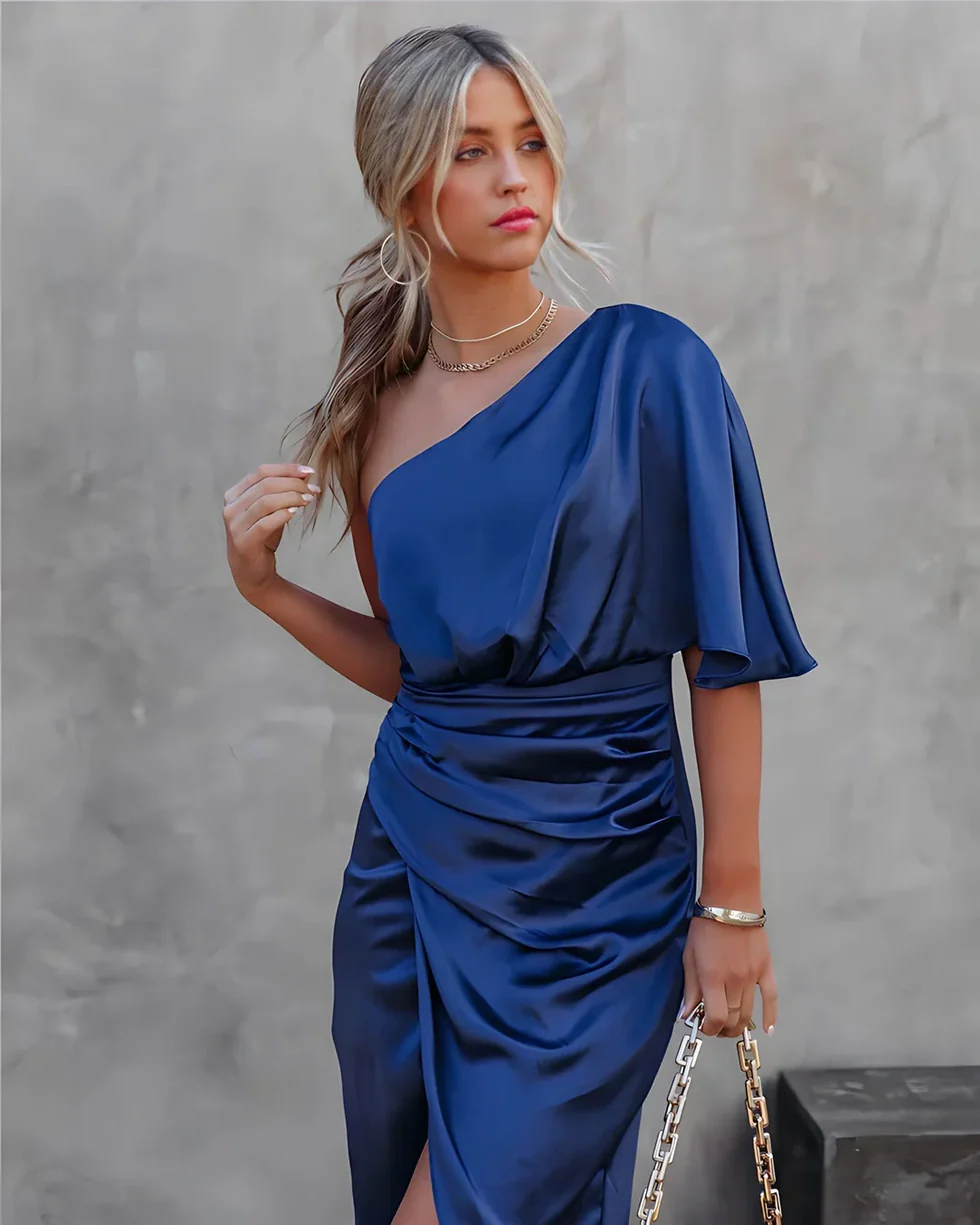 The Satin One Shoulder Midi Dress