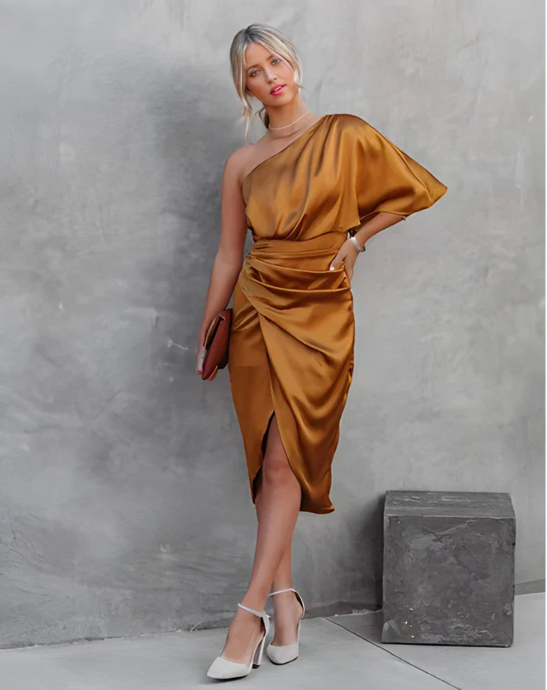 The Satin One Shoulder Midi Dress