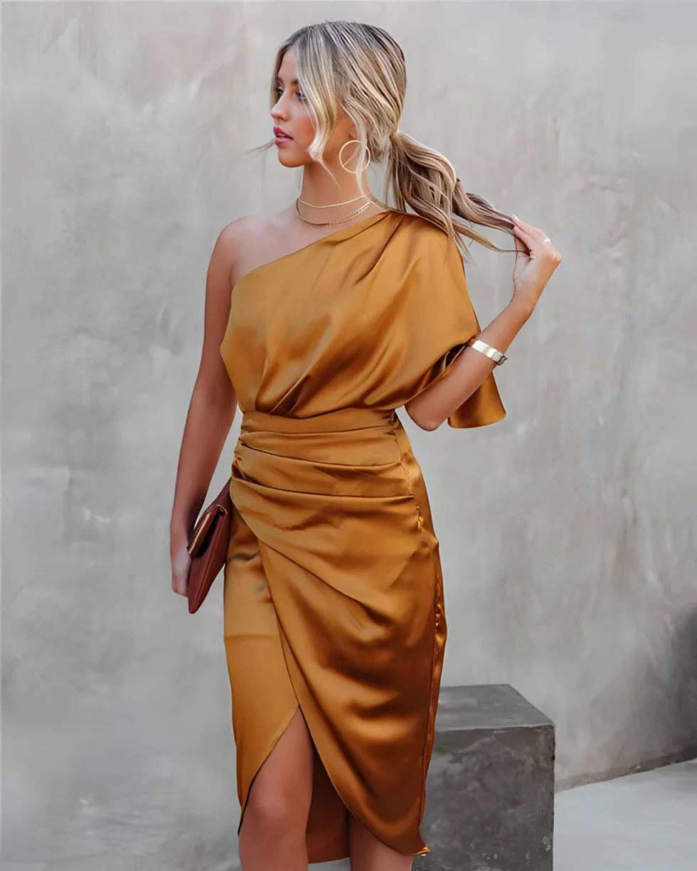 The Satin One Shoulder Midi Dress