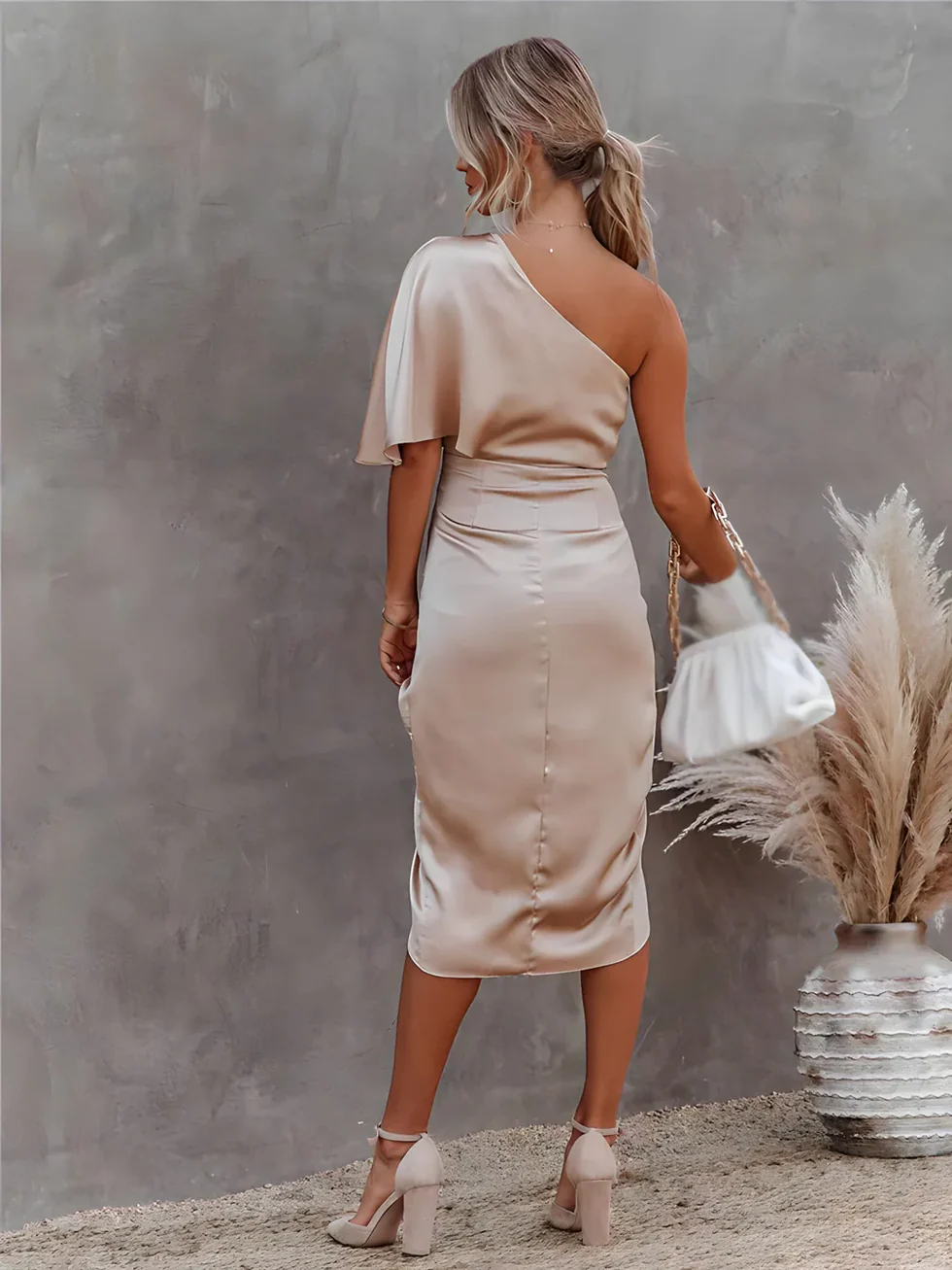 The Satin One Shoulder Midi Dress