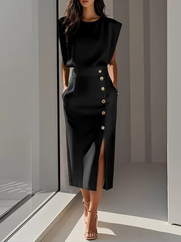 The Sleeveless Button High Waist Midi Dress