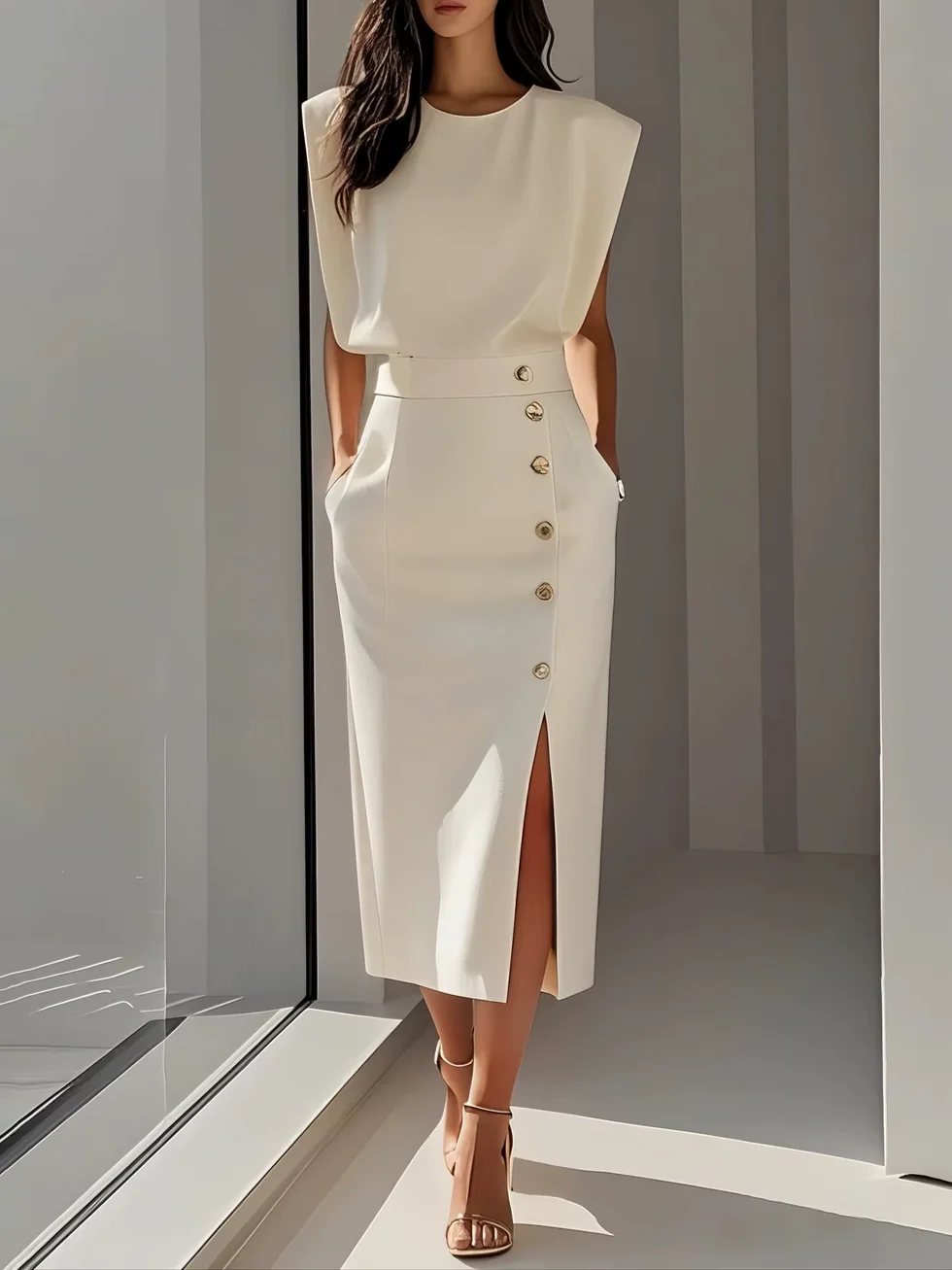 The Sleeveless Button High Waist Midi Dress