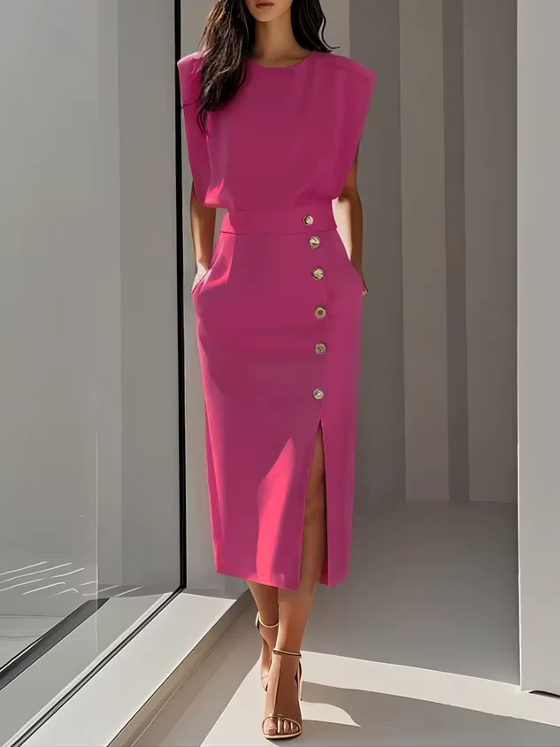 The Sleeveless Button High Waist Midi Dress