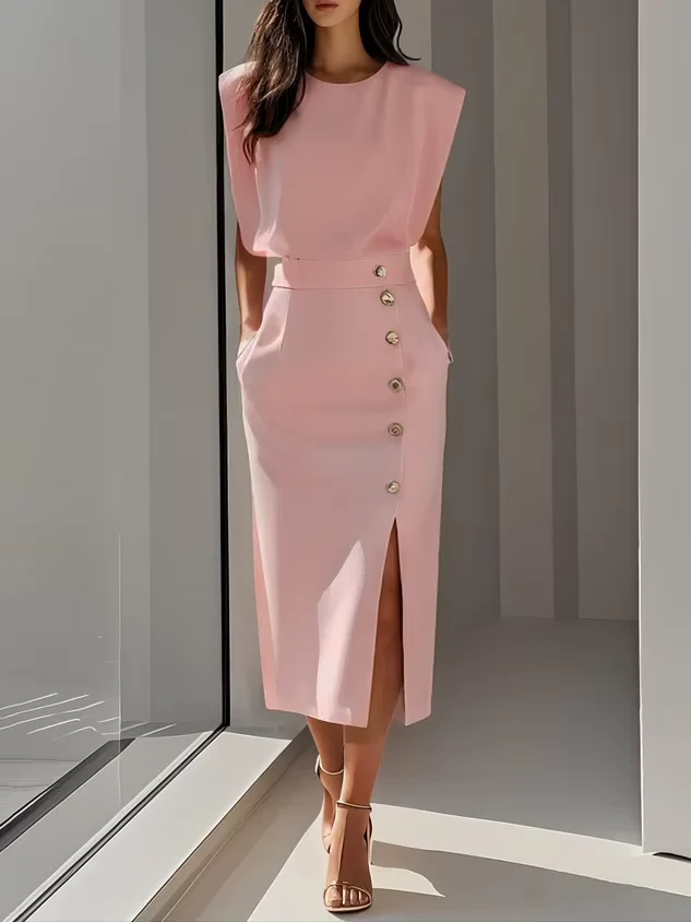 The Sleeveless Button High Waist Midi Dress