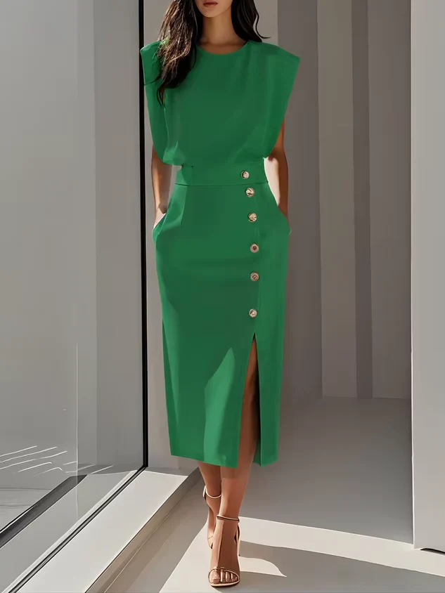 The Sleeveless Button High Waist Midi Dress