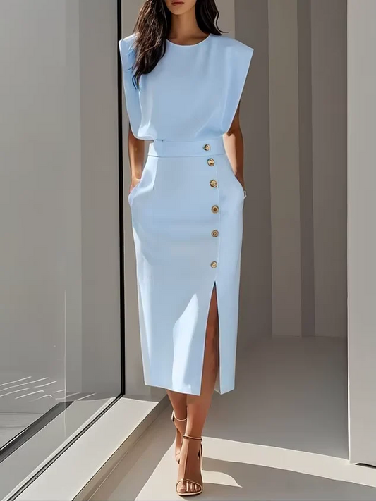 The Sleeveless Button High Waist Midi Dress