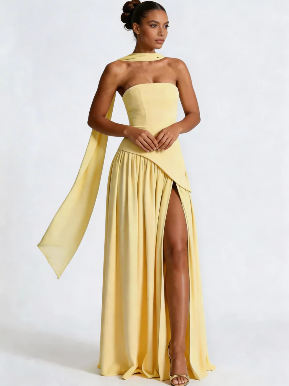 The Strapless Pleated Maxi Slit Dress
